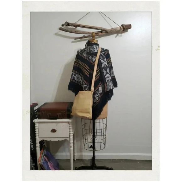 Vintage Blue Fringe Woven Knit Shawl Boho Chevron Design Aztec Scarf Poncho Cape - Picture 3 of 4